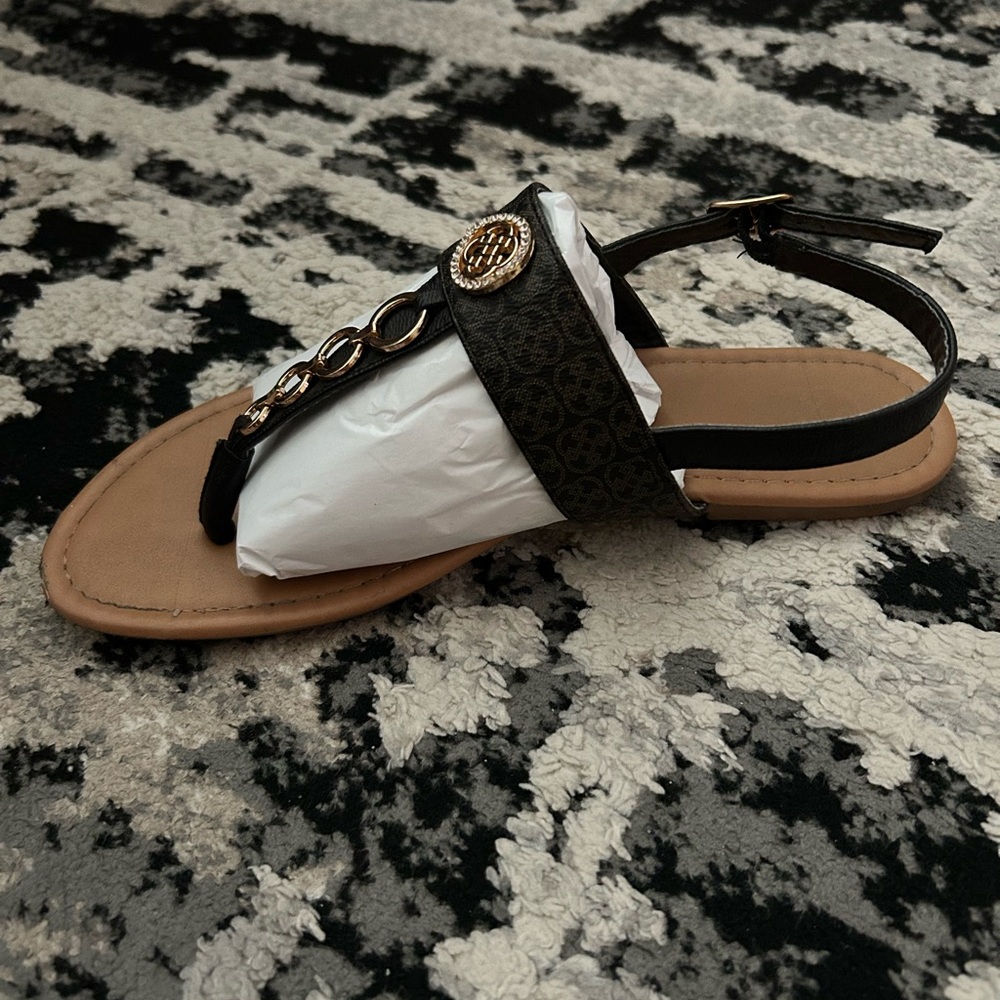 Black, Tan, and Gold Bling Sandals